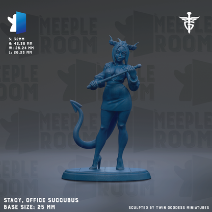 A figurine of a woman with horns, dressed in a skirt and heels, holding a staff and standing on a platform. The figurine is blue in color and appears to be made of plastic. The background of the image is gray, and there are repeated texts and logos throughout the image.