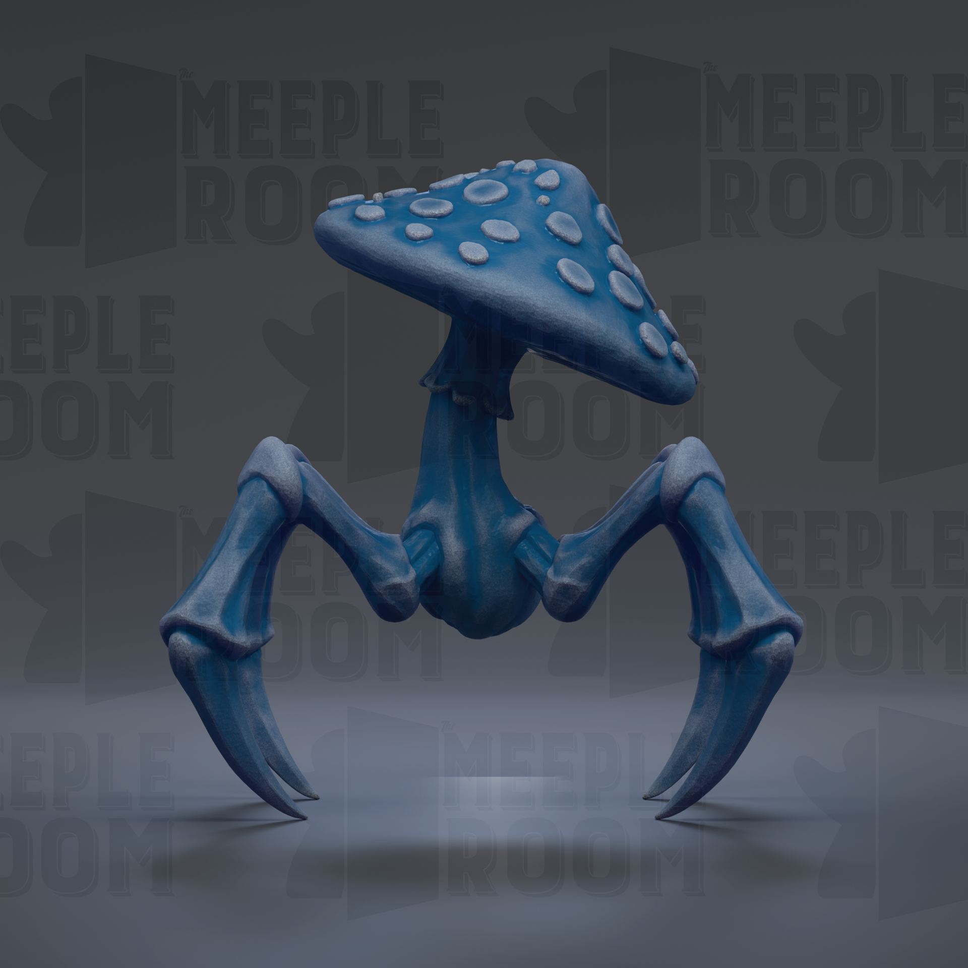 A blue, mushroom-shaped creature with sharp claws and a pointed head stands on a gray surface against a dark background.
