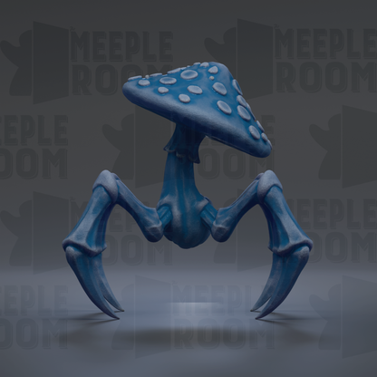 A blue, mushroom-shaped creature with sharp claws and a pointed head stands on a gray surface against a dark background.