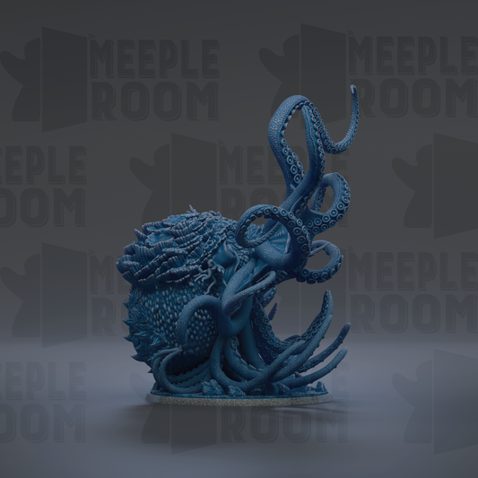 A large, intricate blue octopus sculpture with its tentacles spread out, set against a dark background with repeated text.