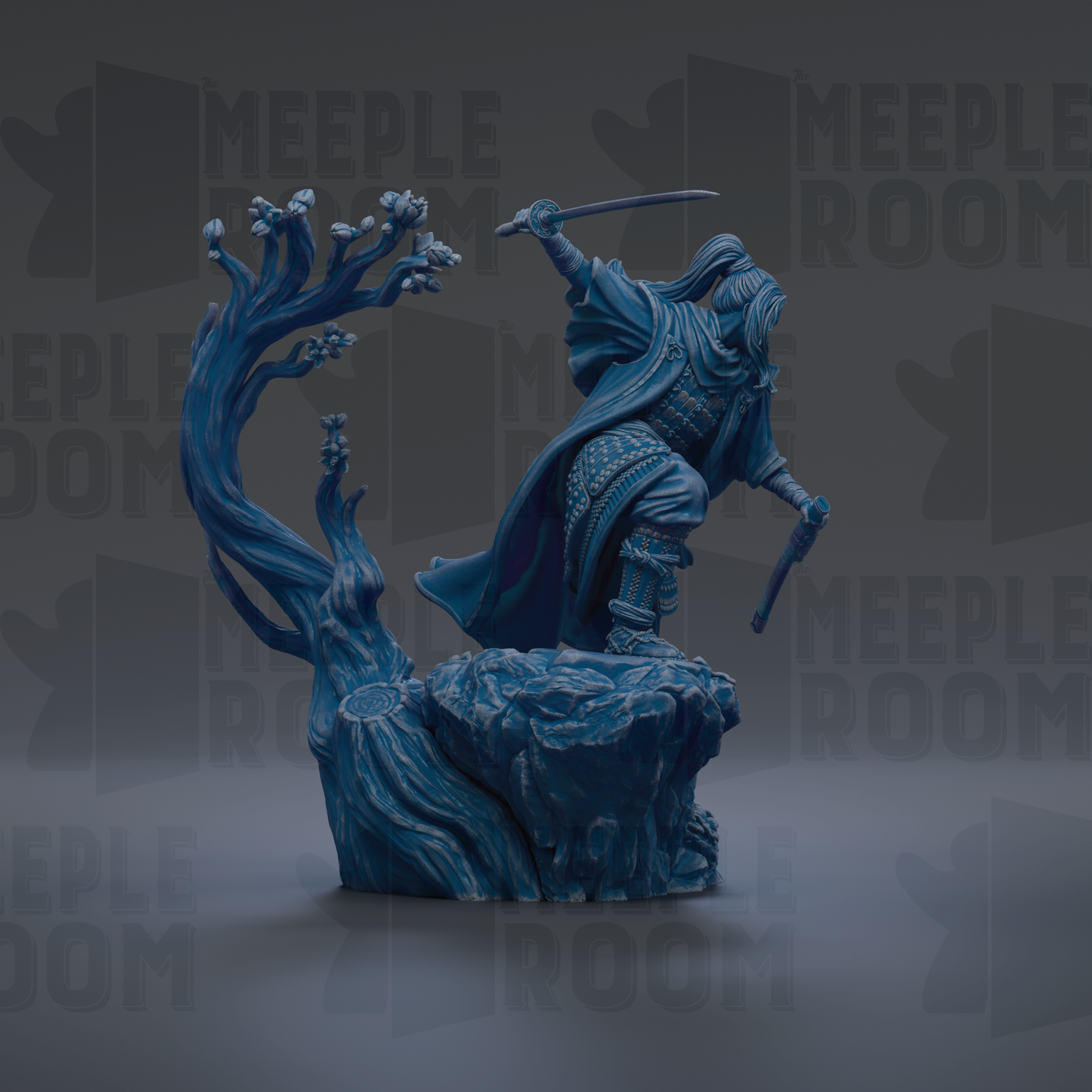 A blue, 3D-rendered statue of a warrior figure wielding a sword and shield, standing on a rock formation.