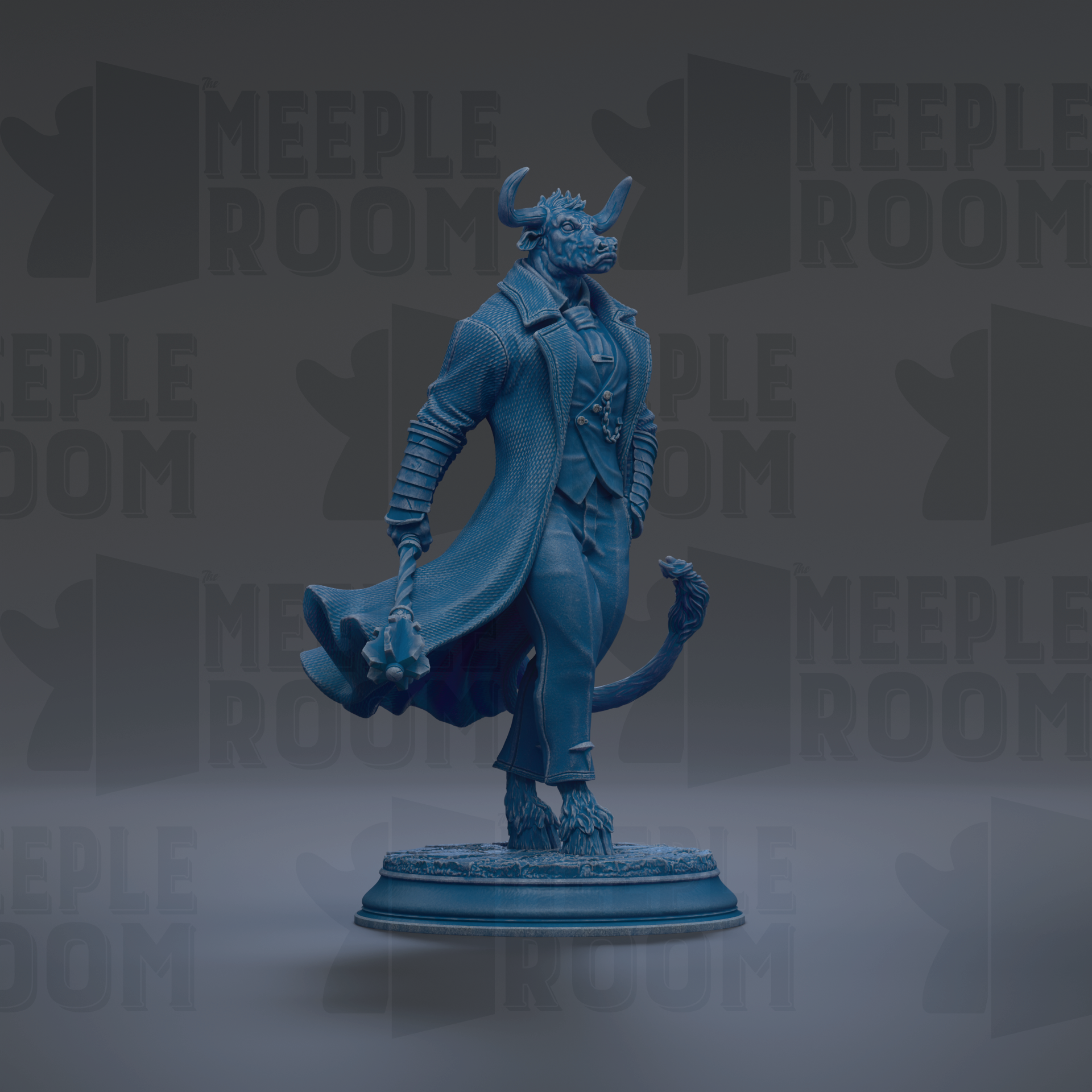 A blue statue of a mythical creature with horns and a flowing robe stands on a pedestal against a dark background with repeated text.