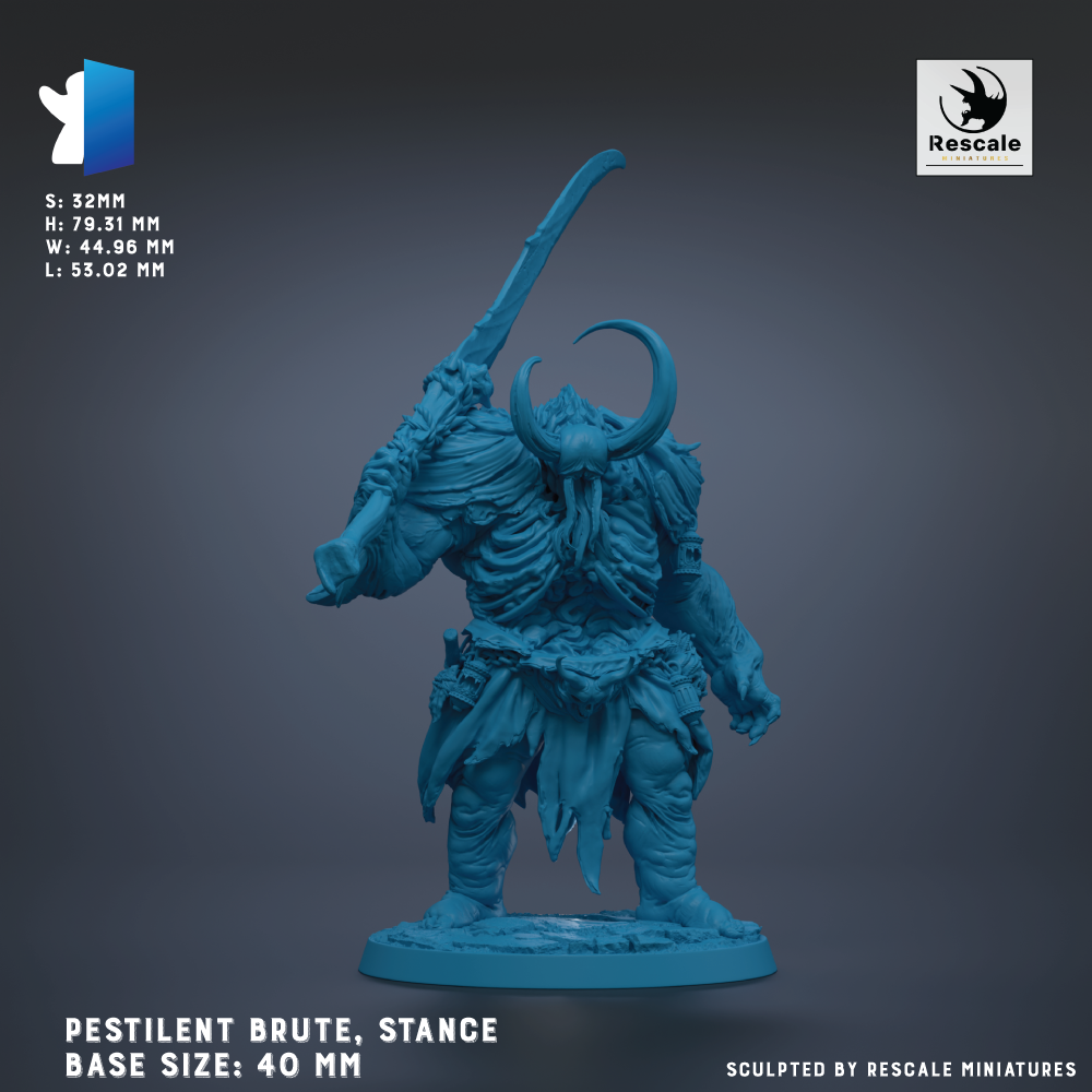 The image is a 3D model of a blue, fantastical creature with horns and a crescent moon on its head, standing on a base. The creature appears to be a pestilent brute, a type of warrior from the fantasy world of Warhammer. The base sizes of the model are 40 mm.