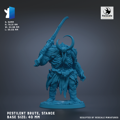 The image is a 3D model of a blue, fantastical creature with horns and a crescent moon on its head, standing on a base. The creature appears to be a pestilent brute, a type of warrior from the fantasy world of Warhammer. The base sizes of the model are 40 mm.
