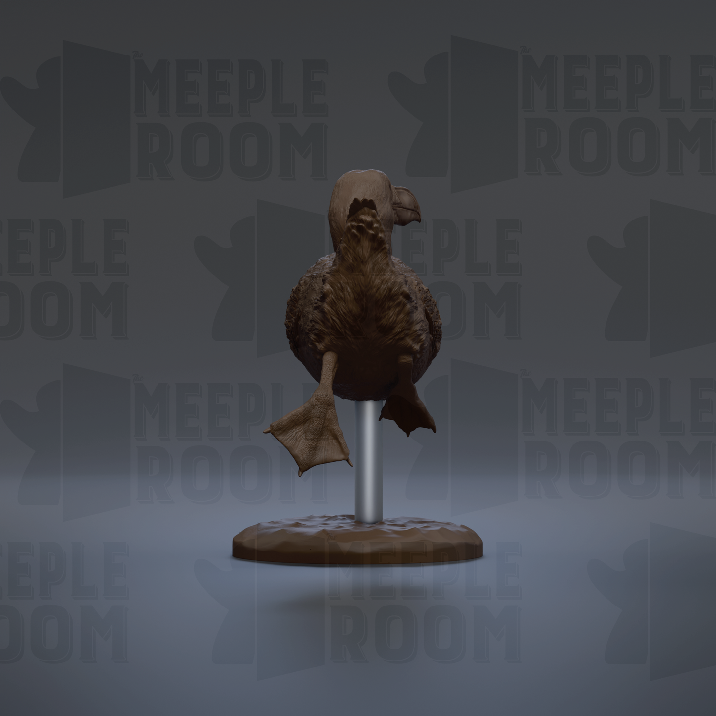 A 3D rendering of a bird statue on a stand, with the text "MEIPLLE ROOM" repeated in the background.