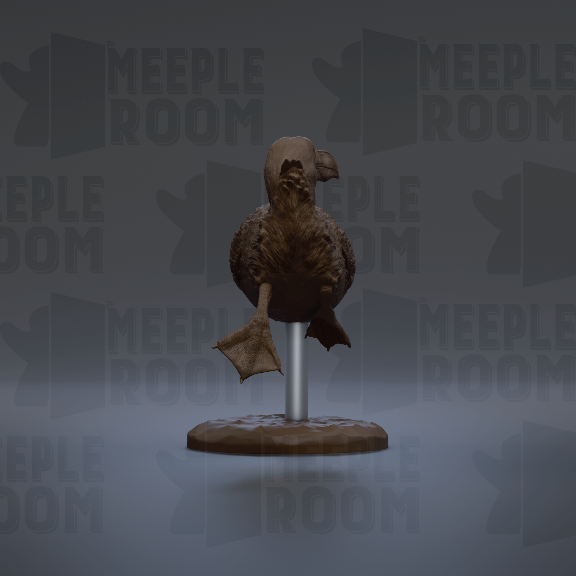 A 3D rendering of a bird statue on a stand, with the text "MEIPLLE ROOM" repeated in the background.