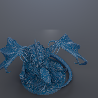 A detailed 3D rendering of a blue dragon-like creature with intricate patterns and textures, sitting on a circular base.