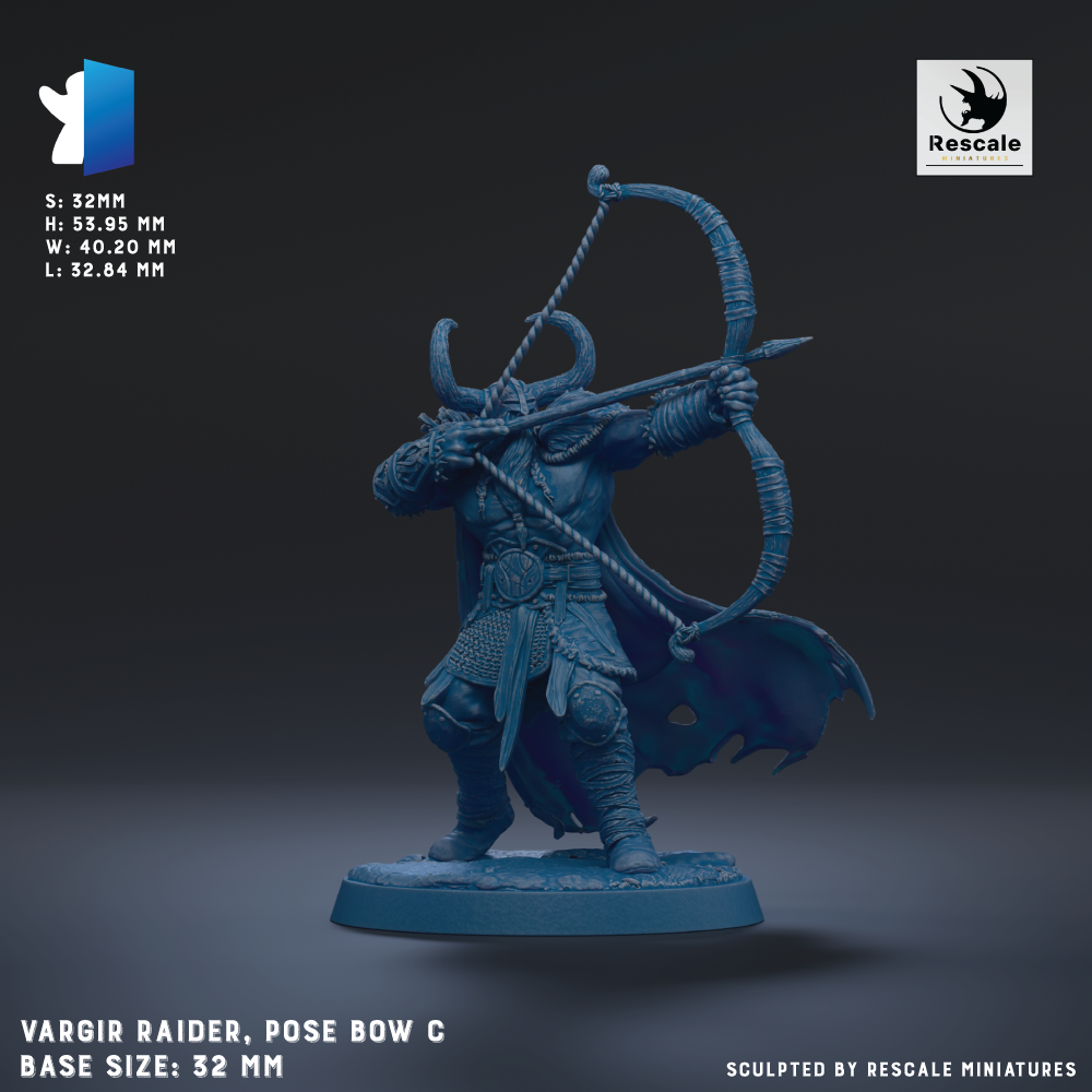 A 3D model of a character named Vargir RAIDER, who is posing with a bow and arrow. The character is depicted in a dynamic pose, with a large bow and a cape billowing behind them. The image is a 3D rendering of the character, and it is described as a base size of 22mm. The image is not a collage of multiple images, but rather a single, detailed 3D model of the character.