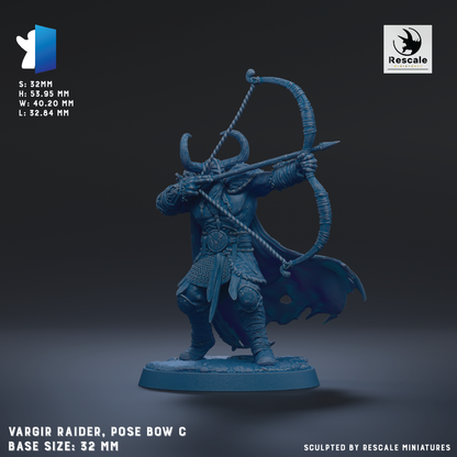 A 3D model of a character named Vargir RAIDER, who is posing with a bow and arrow. The character is depicted in a dynamic pose, with a large bow and a cape billowing behind them. The image is a 3D rendering of the character, and it is described as a base size of 22mm. The image is not a collage of multiple images, but rather a single, detailed 3D model of the character.