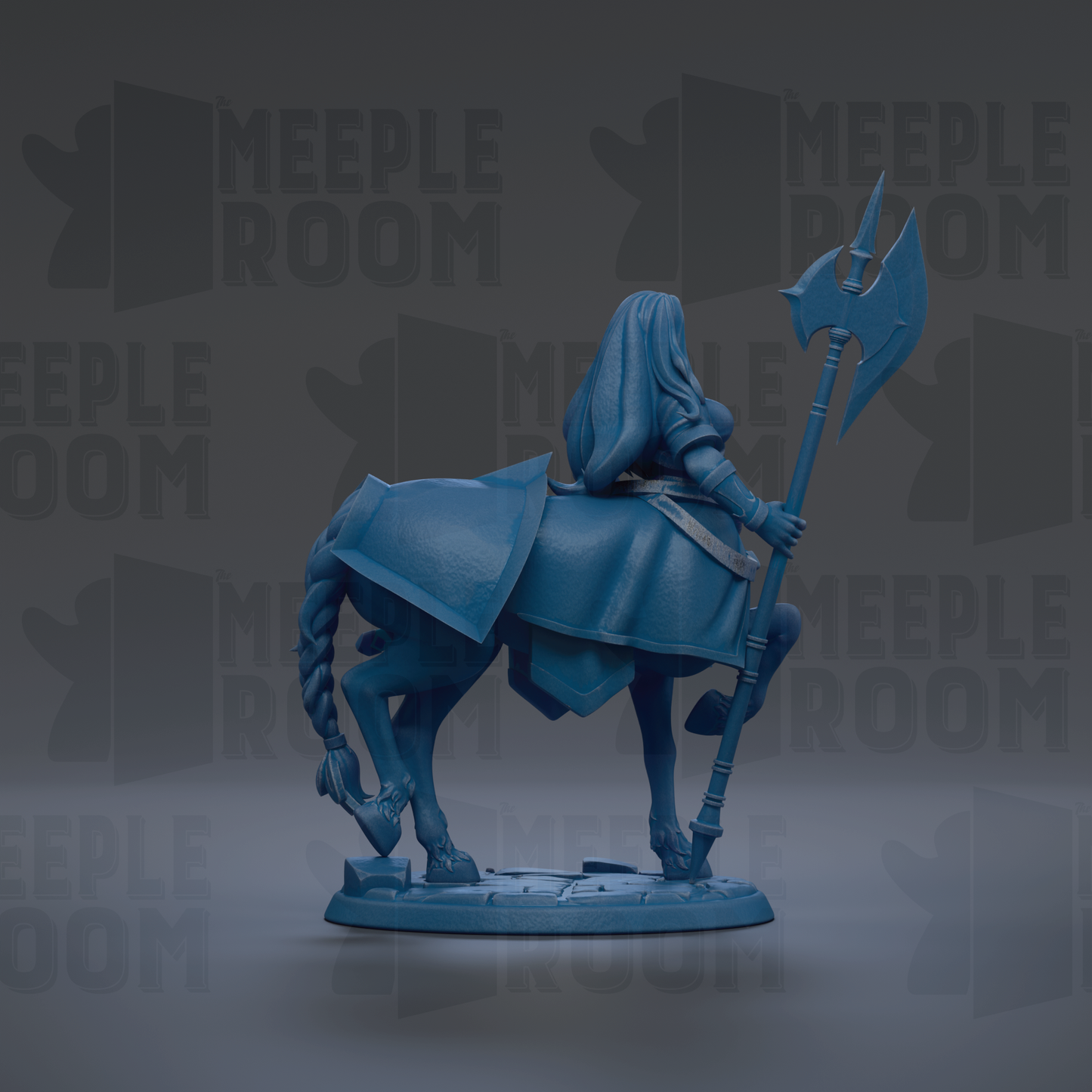 A blue figurine of a person riding a horse, holding a large weapon, is the main focus of the image.