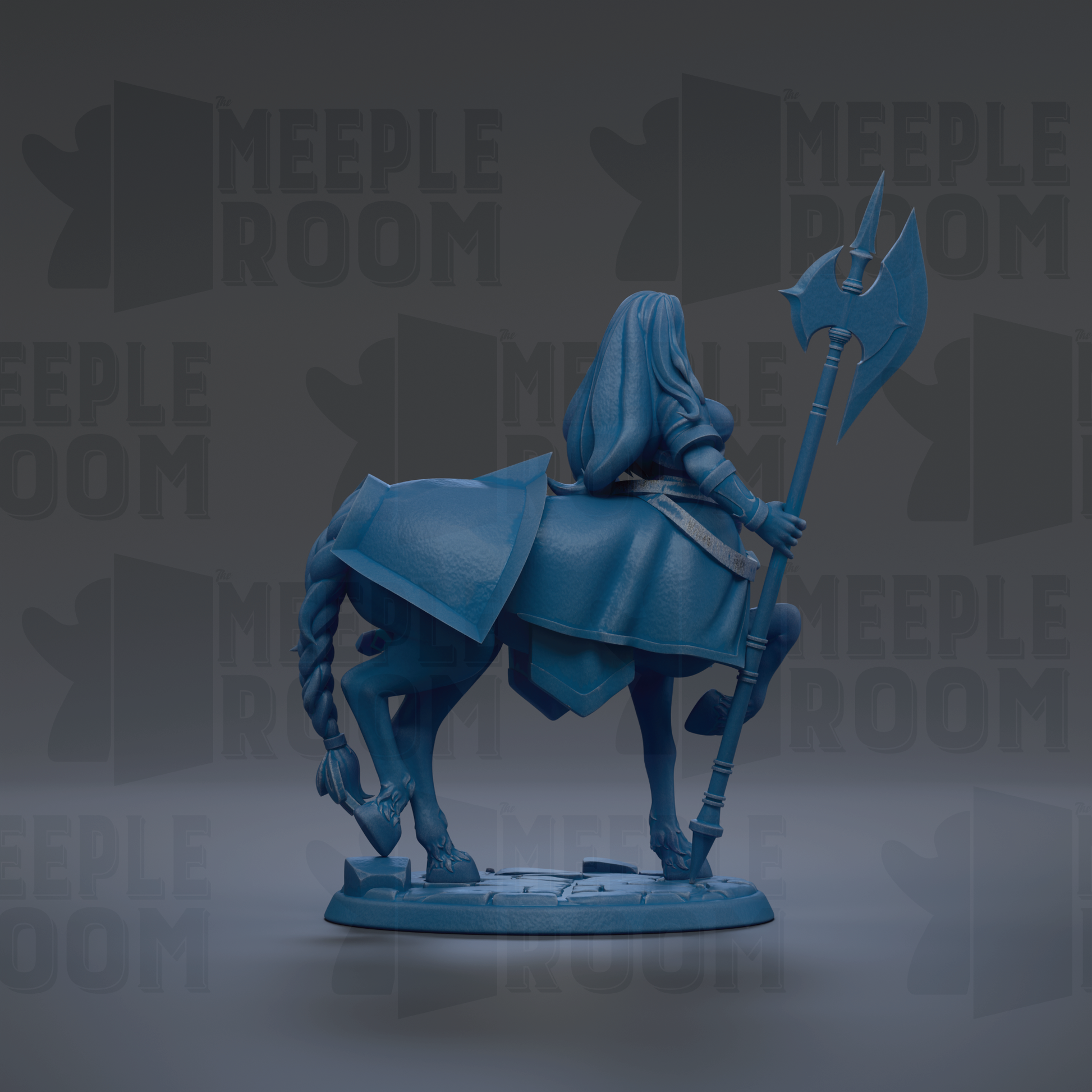 A blue figurine of a person riding a horse, holding a large weapon, is the main focus of the image.