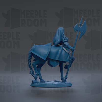 A blue figurine of a person riding a horse, holding a large weapon, is the main focus of the image.