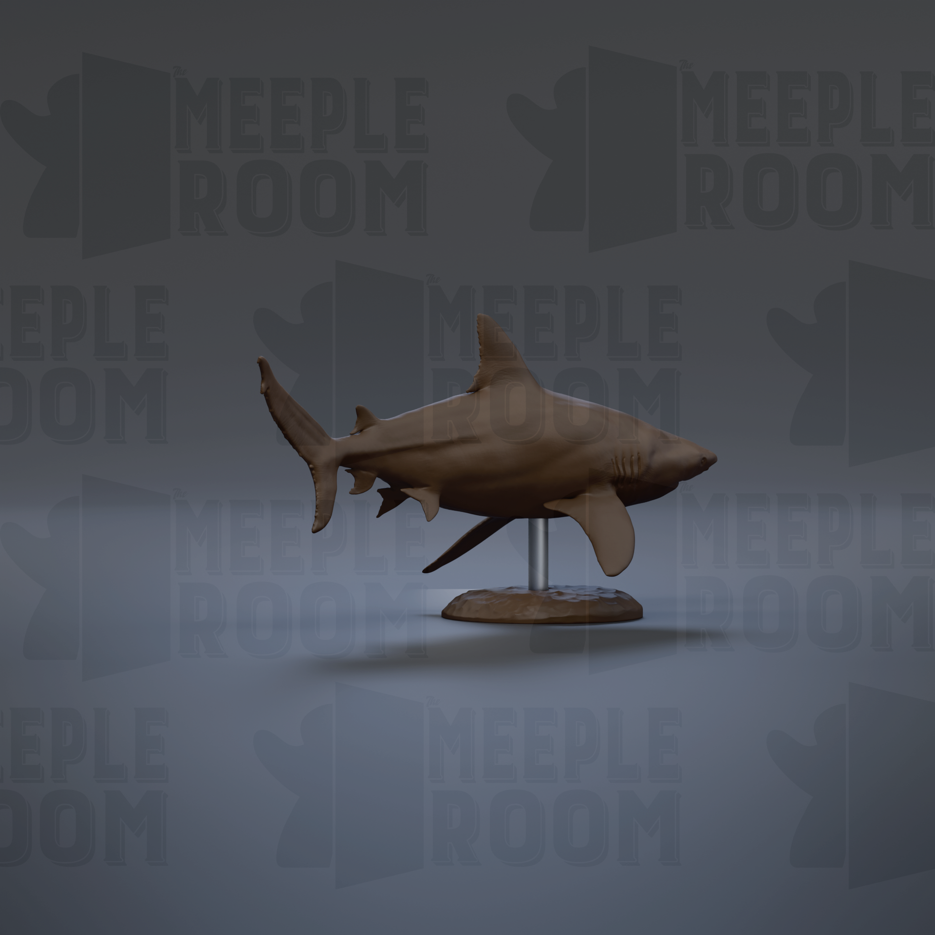 A 3D model of a shark is displayed on a stand against a gray background with repeated text.