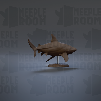 A 3D model of a shark is displayed on a stand against a gray background with repeated text.