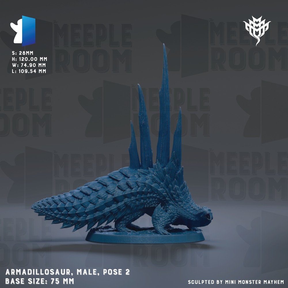 a blue armored dinosaur, specifically an Armadilloaur, posed on a base. The dinosaur is a male and is standing on a base that measures 7.75 mm in length. The background of the image is a dark gray color, and there is text and a logo present.