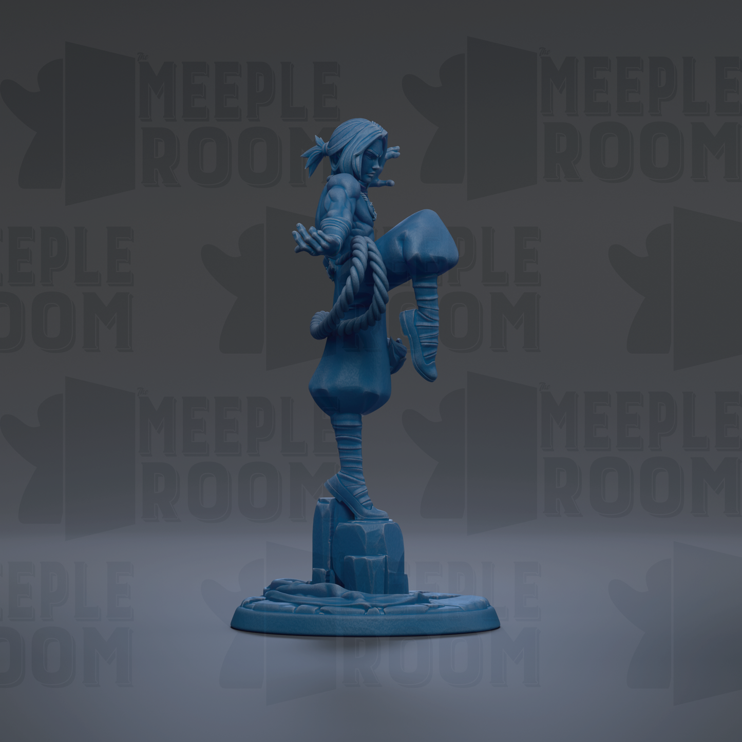 A blue figurine of a person standing on a rock, with the text "MEUPLE ROOM" repeated in the background.