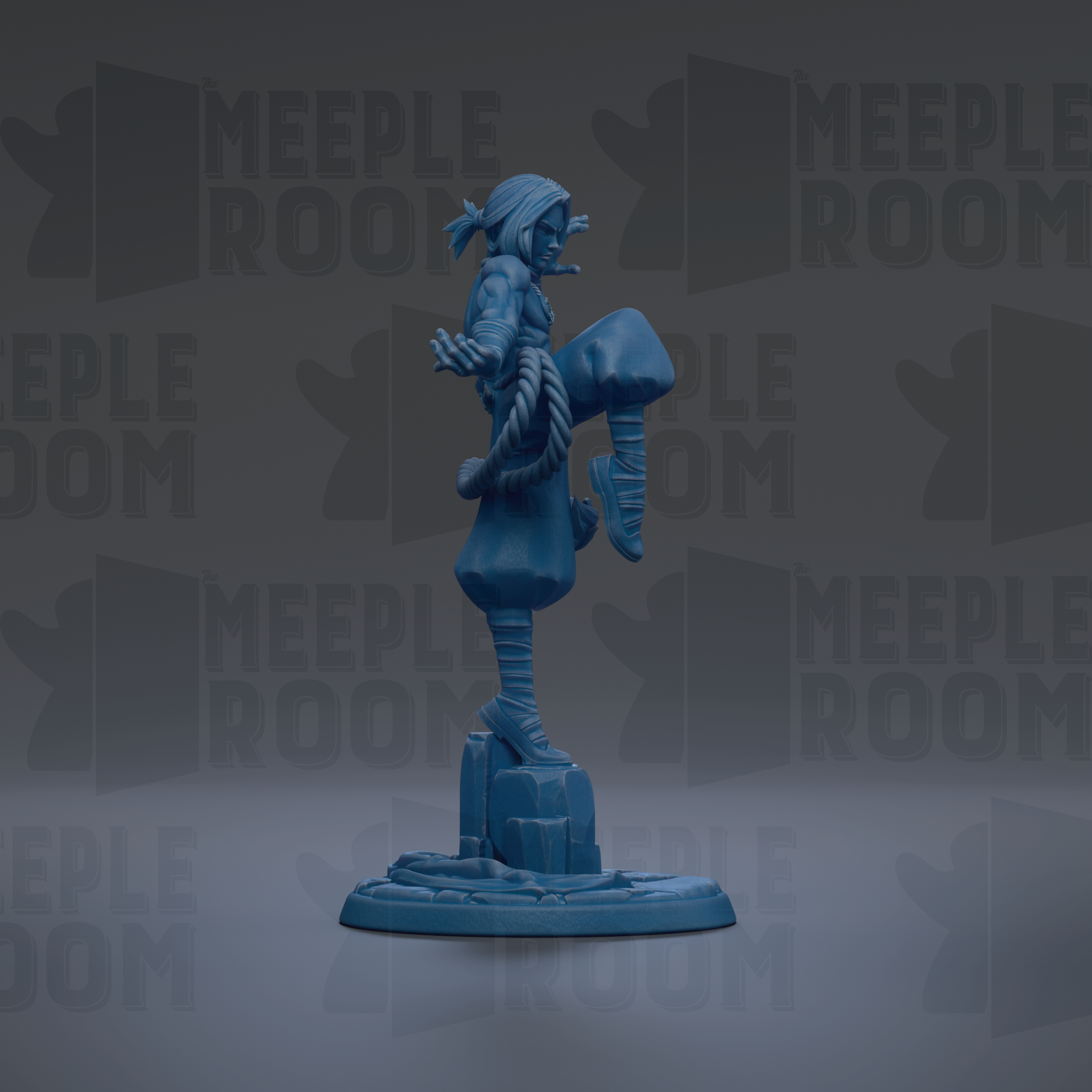 A blue figurine of a person standing on a rock, with the text "MEUPLE ROOM" repeated in the background.