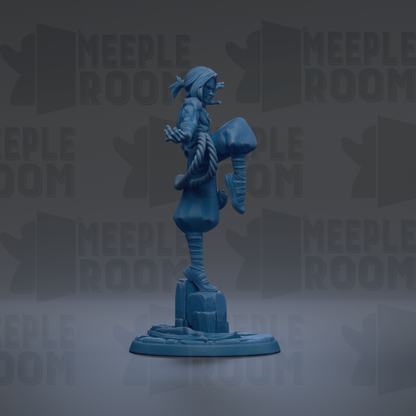A blue figurine of a person standing on a rock, with the text "MEUPLE ROOM" repeated in the background.