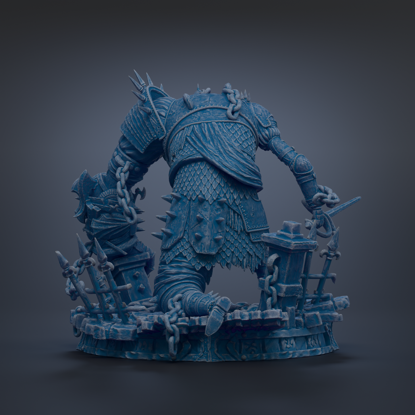 A detailed 3D rendering of a heavily armored and battle-ready figure, with intricate details and a dark, moody color scheme.