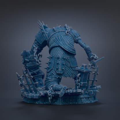 A detailed 3D rendering of a heavily armored and battle-ready figure, with intricate details and a dark, moody color scheme.