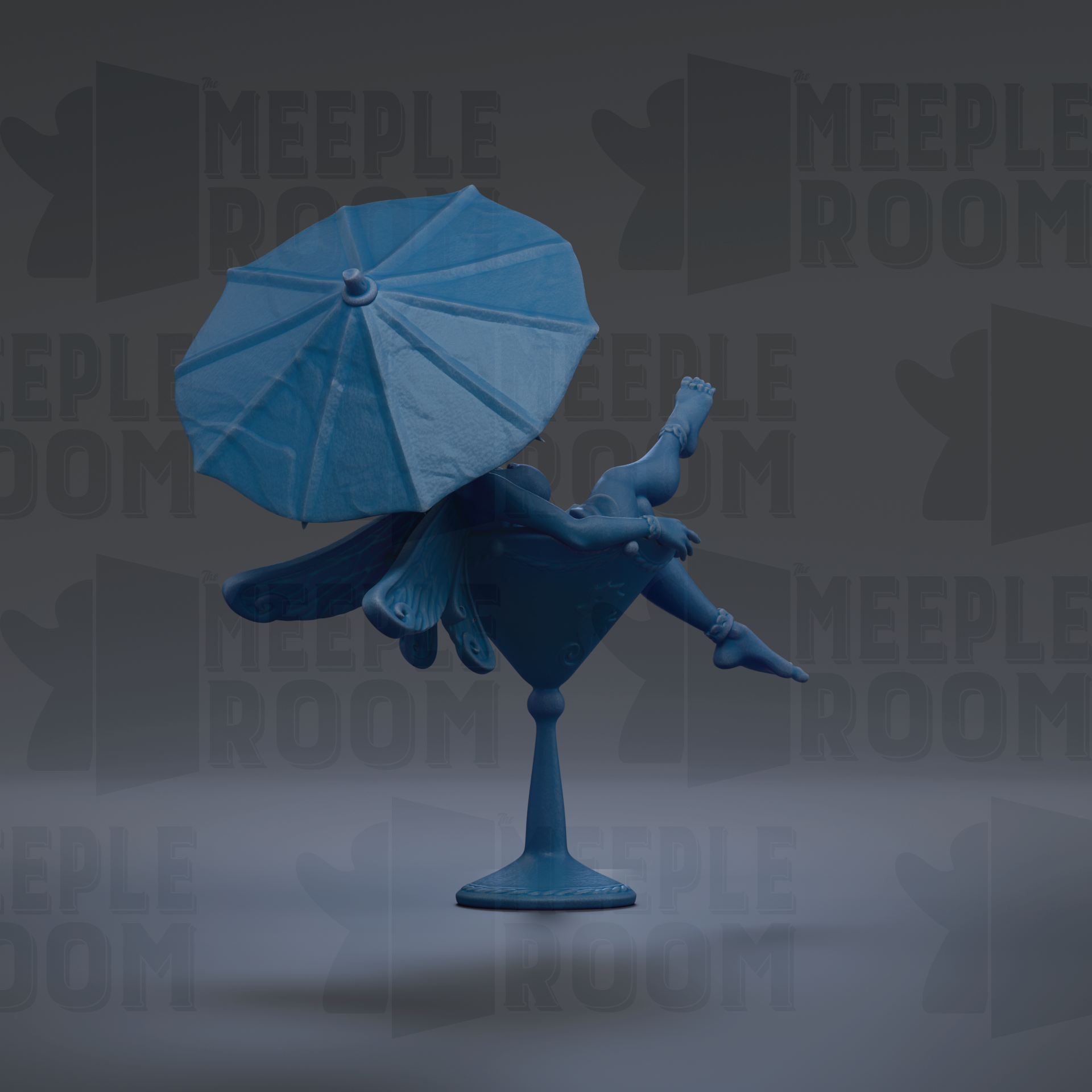 A blue fairy figurine holding an umbrella is standing on a pedestal against a dark background with repeated text.