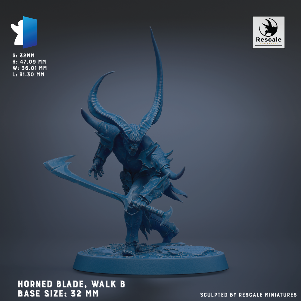 a horned blade, specifically a walkable base size of 32 mm, with the base sizes ranging from 32 to 50 mm.
