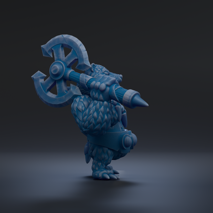 A 3D rendering of a blue, fantastical creature with a large, curved weapon in its hands, standing on a dark surface.