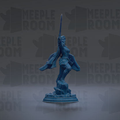 A blue statue of a woman holding a sword and shield stands on a pedestal against a dark background with repeated "MEUPLE ROOM" text.
