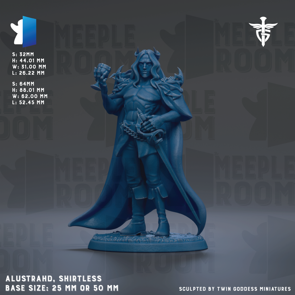 The image is a figurine of a man with long hair and a cape, standing in a fighting stance with a sword in his hand. The figurine is blue in color and appears to be a character from a fantasy or adventure game. The figurine is described as a "meeple room" and is shown in various sizes, including 25mm and 50mm. The base size of the figurine is either 25mm or 50mm. The image is a collage of multiple images, and the phrase "The image depicts" is not used.
