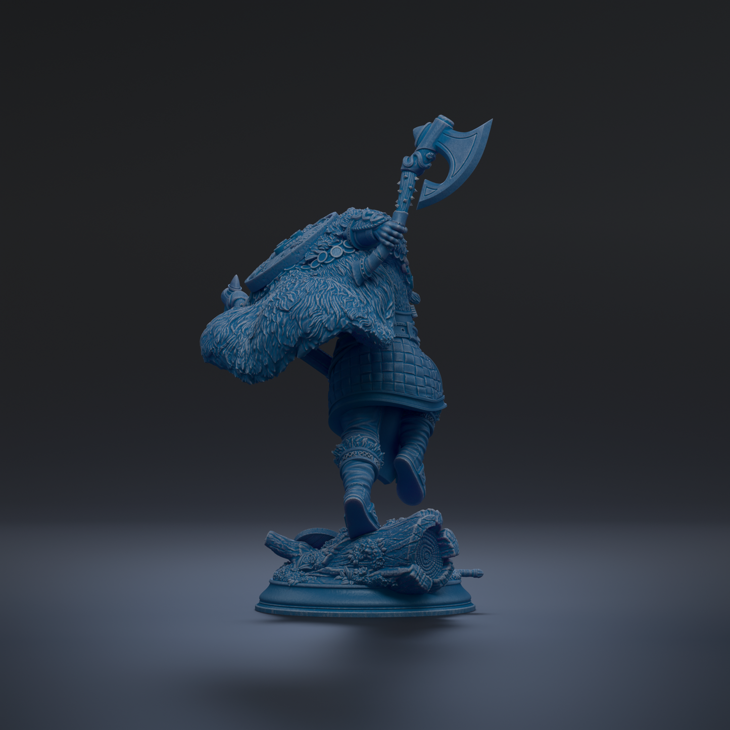 A blue figurine of a warrior wielding a large weapon, standing on a base and holding a shield.