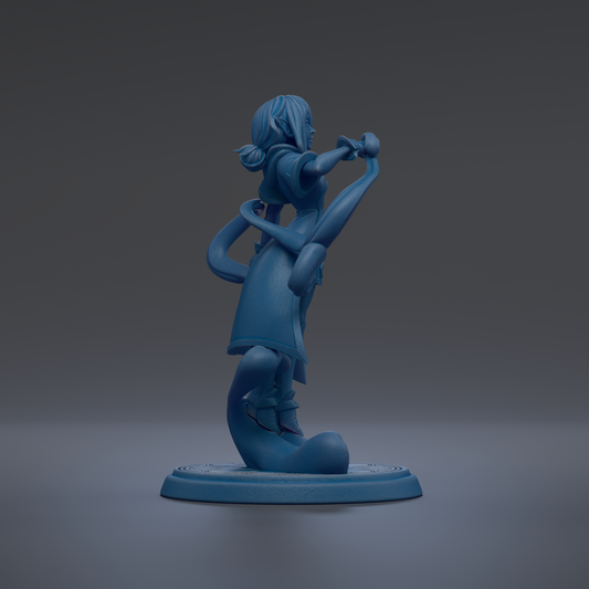 A blue 3D model of a female character with a sword, standing on a platform.