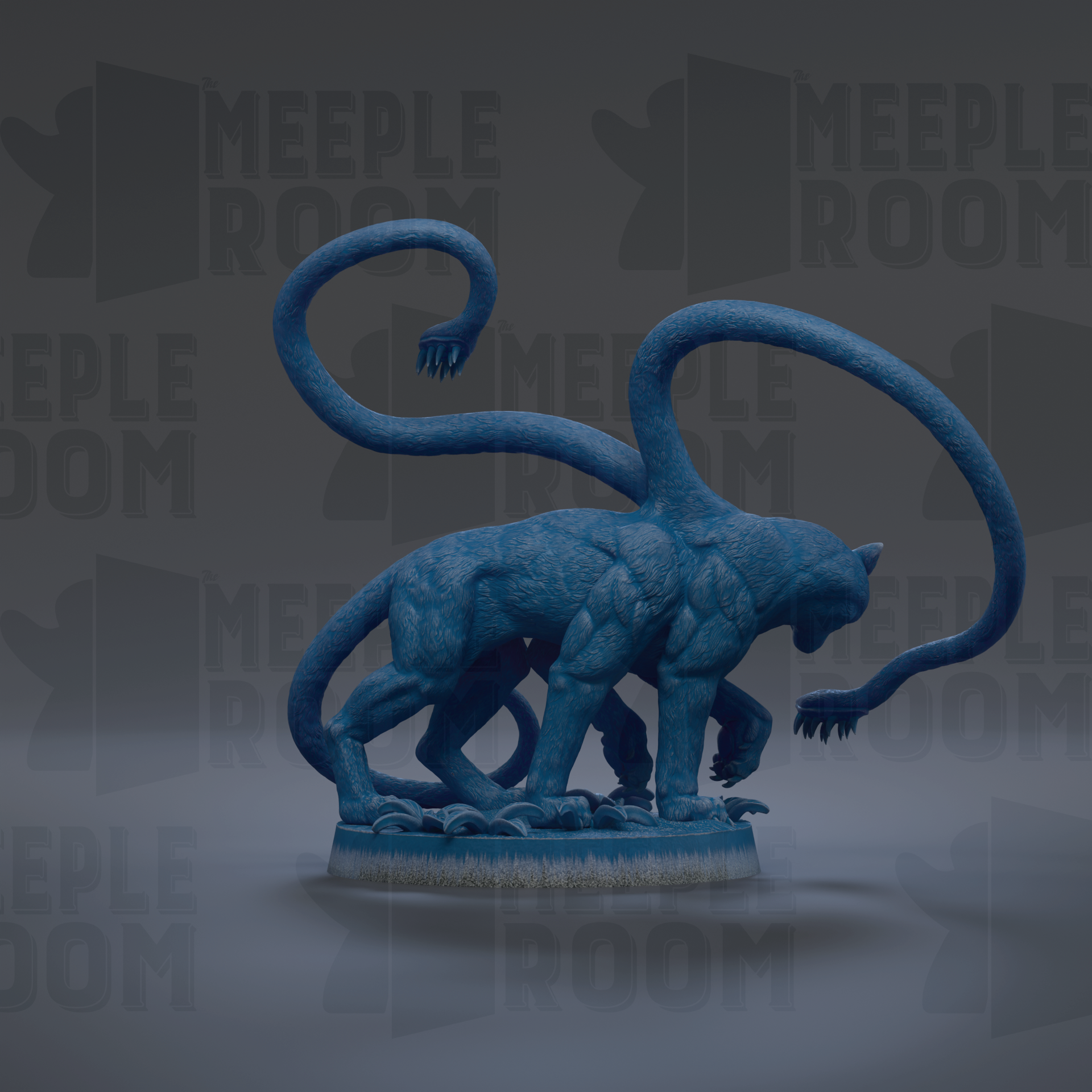 A blue, abstract sculpture resembling a cat or feline figure with multiple tentacles or arms extending from its body.