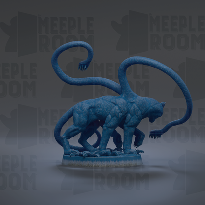 A blue, abstract sculpture resembling a cat or feline figure with multiple tentacles or arms extending from its body.