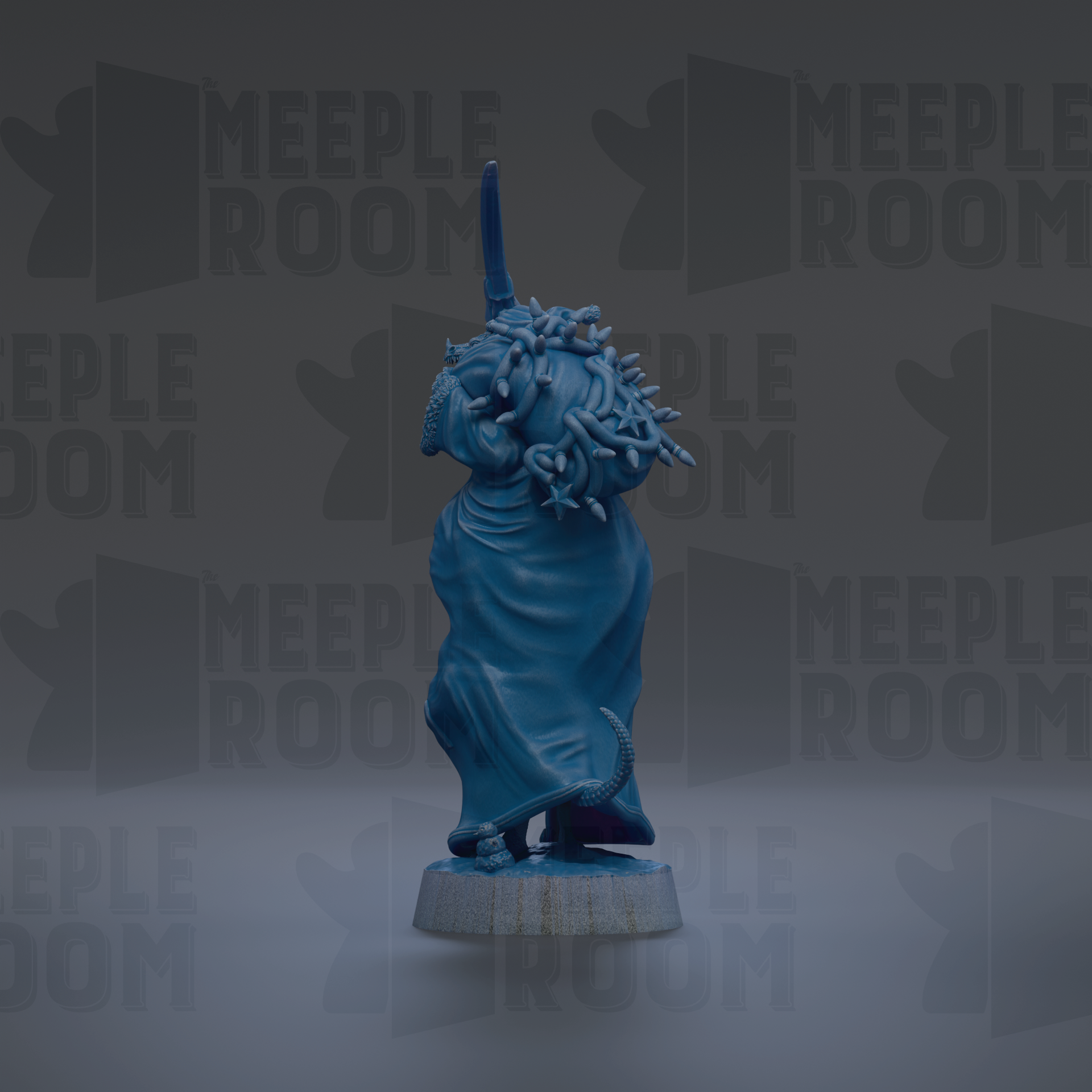 A blue figurine with a long, flowing cape and a sword stands against a dark background with repeated "MEIPLLE ROOM" text.