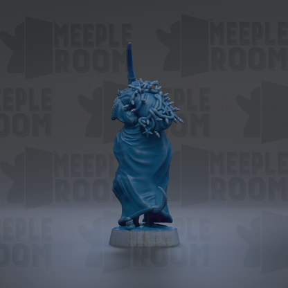 A blue figurine with a long, flowing cape and a sword stands against a dark background with repeated "MEIPLLE ROOM" text.