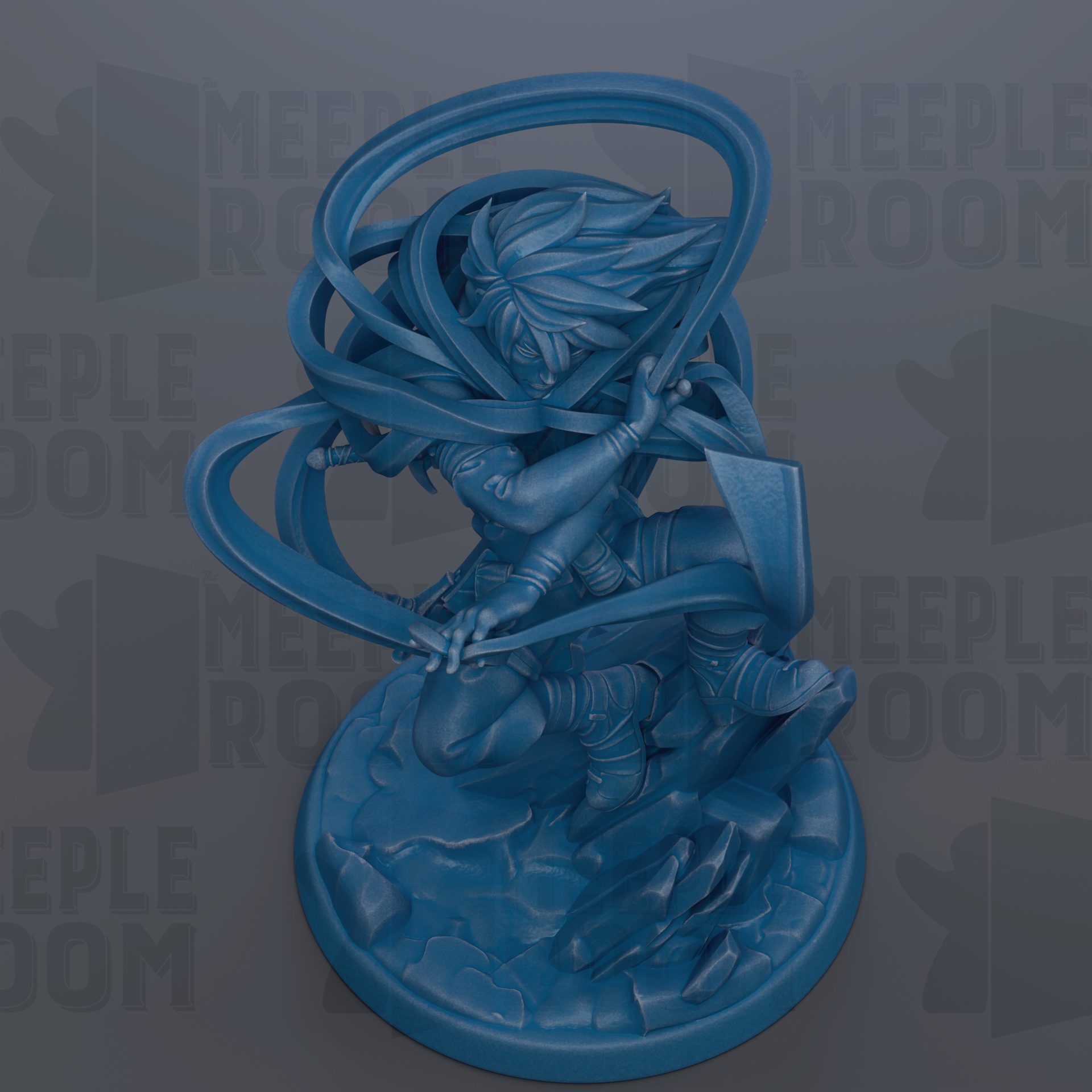A blue figurine of a person with long hair and a flowing cape, holding a sword, is depicted in the image.