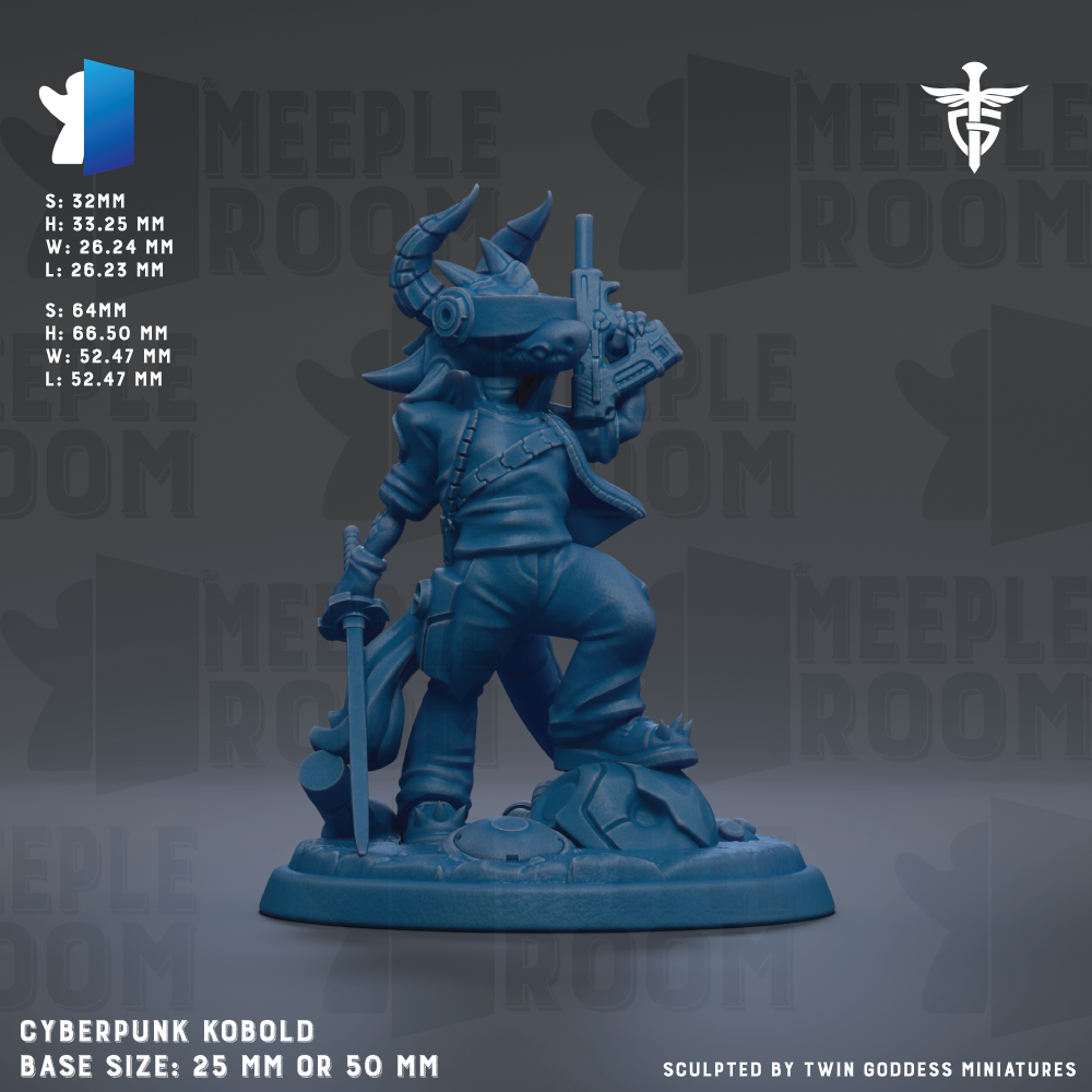 The image is a detailed 3D model of a Cyberpunk Kobold character, which is a type of fantasy character from the video game series "Memento". The character is depicted in a dynamic pose, holding a gun and a sword, and is shown in a blue color. The image is a base size of 25mm or 50mm, depending on the perspective. The character is sculpted by Twin Goddess Miniatures, a company known for creating high-quality fantasy miniatures.
