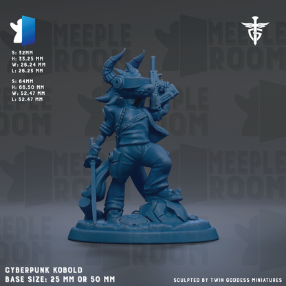 The image is a detailed 3D model of a Cyberpunk Kobold character, which is a type of fantasy character from the video game series "Memento". The character is depicted in a dynamic pose, holding a gun and a sword, and is shown in a blue color. The image is a base size of 25mm or 50mm, depending on the perspective. The character is sculpted by Twin Goddess Miniatures, a company known for creating high-quality fantasy miniatures.