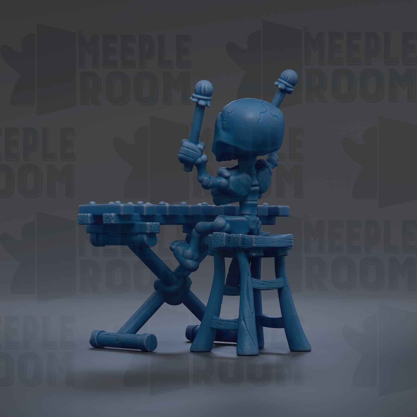 A blue toy robot sitting on a stool and playing a keyboard.