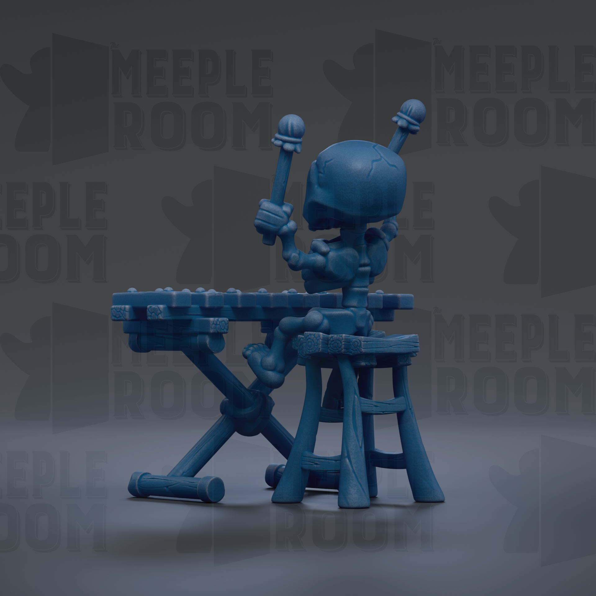 A blue toy robot sitting on a stool and playing a keyboard.