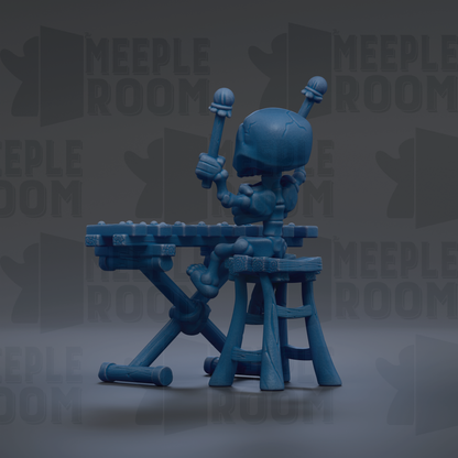 A blue toy robot sitting on a stool and playing a keyboard.