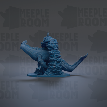 A blue, 3D-rendered dragon figurine is shown against a dark background with repeated text.