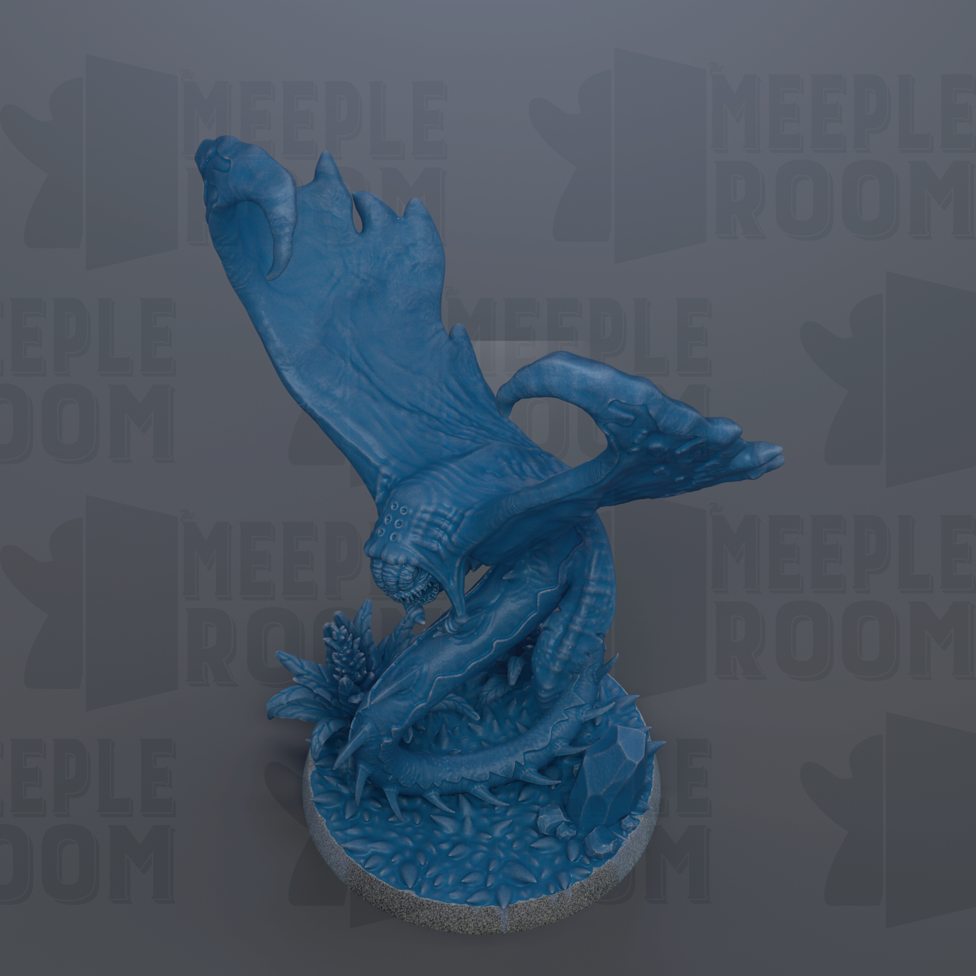 A blue dragon figurine with a large, curled tail and wings is depicted against a gray background with repeated "MEIPLE ROOM" text.
