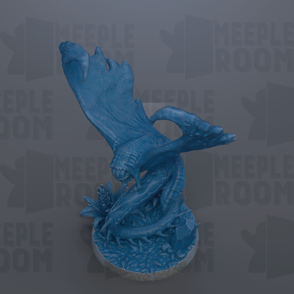 A blue dragon figurine with a large, curled tail and wings is depicted against a gray background with repeated "MEIPLE ROOM" text.