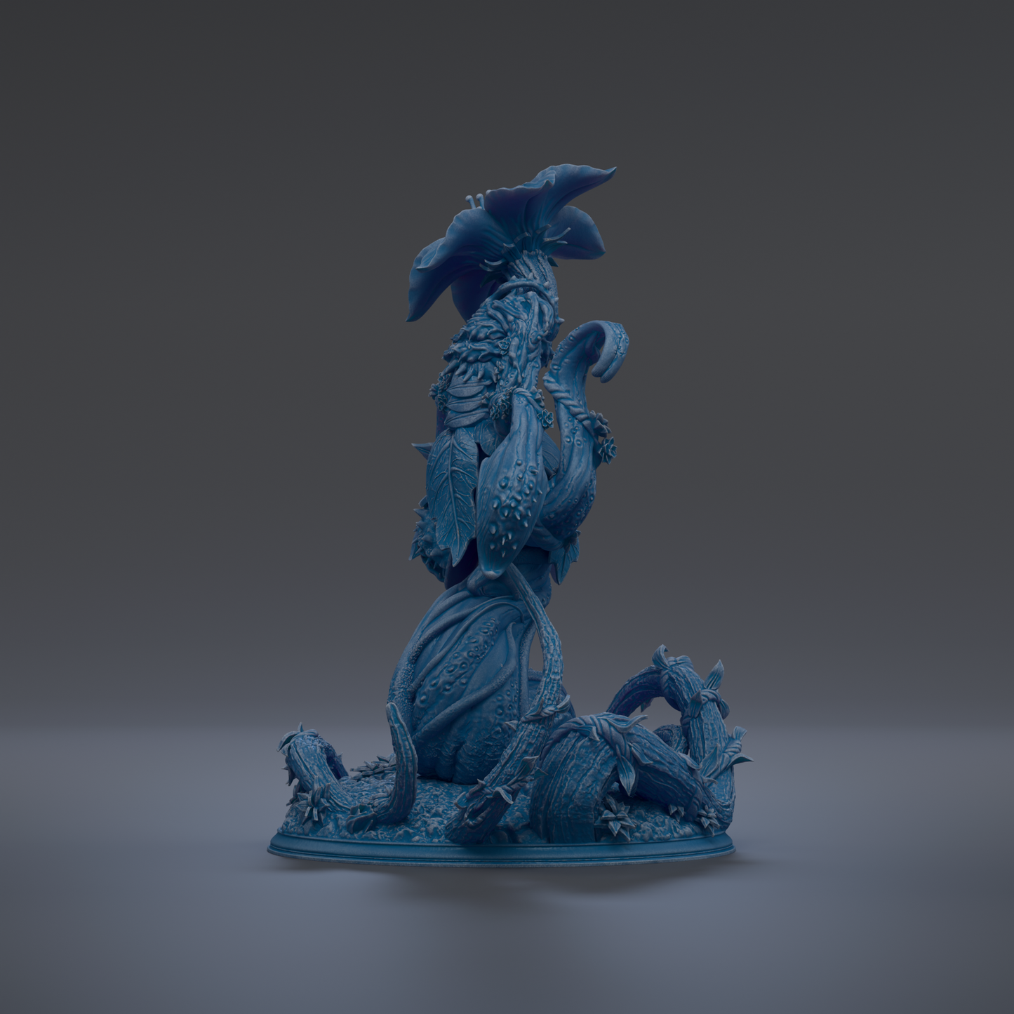 A 3D rendering of a blue, fantastical creature with intricate, organic-looking features, including a large head, long neck, and a flower-like structure on top.