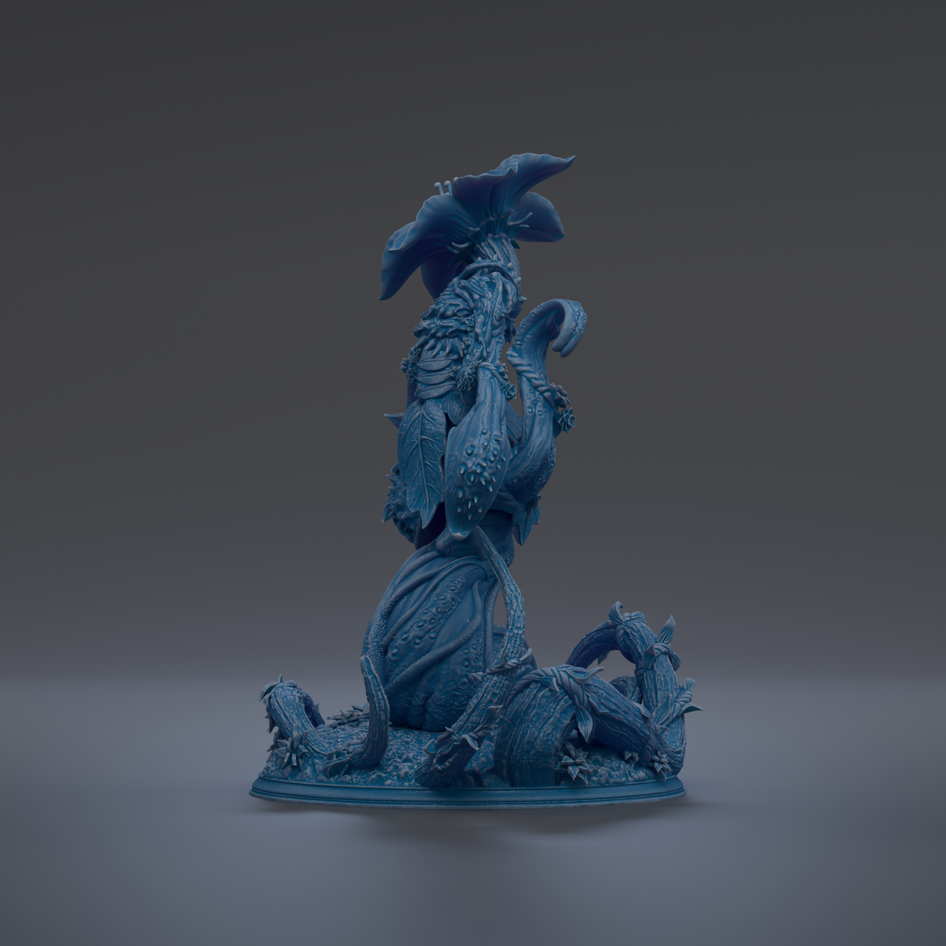 A 3D rendering of a blue, fantastical creature with intricate, organic-looking features, including a large head, long neck, and a flower-like structure on top.