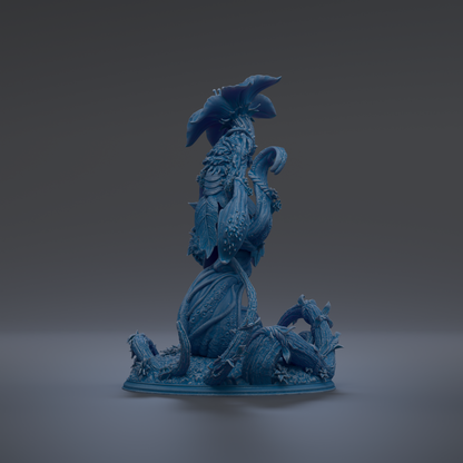 A 3D rendering of a blue, fantastical creature with intricate, organic-looking features, including a large head, long neck, and a flower-like structure on top.