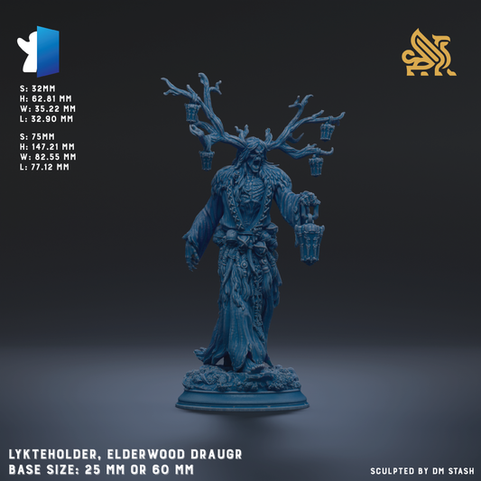 The image is a 3D rendering of a figurine of a lyketeholder, an elderly draugr, with a detailed and intricate design. The figurine is shown in a dynamic pose, holding a lantern in one hand and a branch with other objects in the other. The base size of the figurine is either 25 mm or 60 mm, depending on the specific description. The image is a 3D rendering of a figurine of a lyketeholder, an elderly draugr, with a detailed and intricate design.