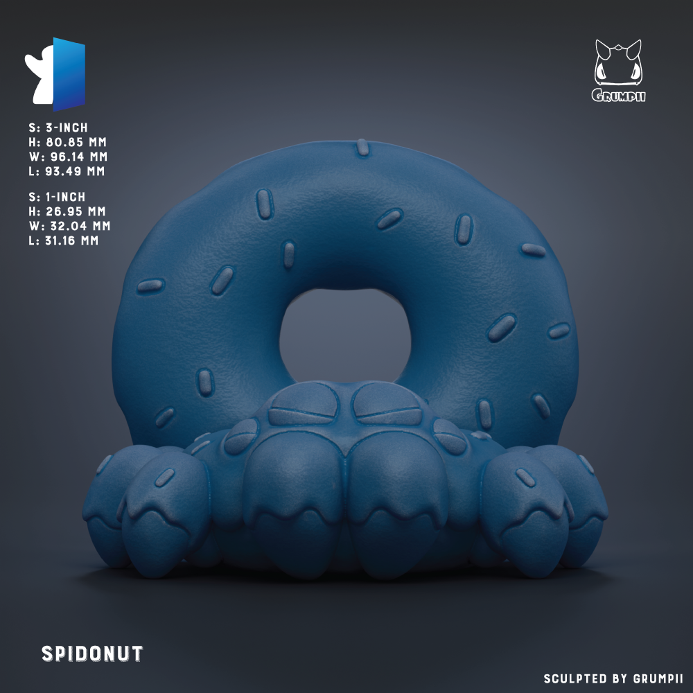 The image is a 3D rendering of a blue Spidornut figurine, which is a toy shaped like a donut with a spout and a small head. The Spidornut is shown in a close-up view, with its details clearly visible.