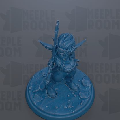 A blue figurine of a character with a gun stands on a blue base against a gray background with repeated "MEIPLLE ROOM" text.